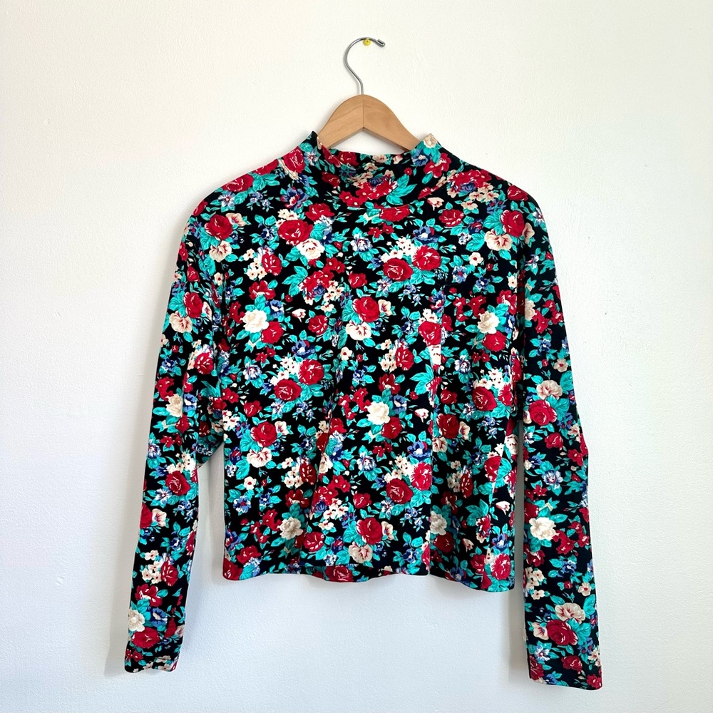 Floral Mock Neck Long Sleeve Top - Red & Teal